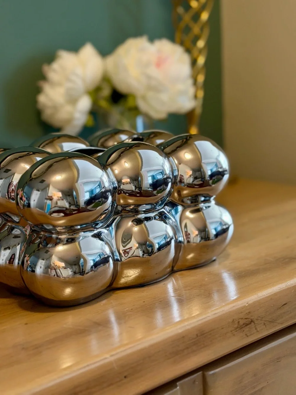 Chrome Bubble Tissue Box Cover Sculptural Silver Modern Decor - Picture 3 of 9